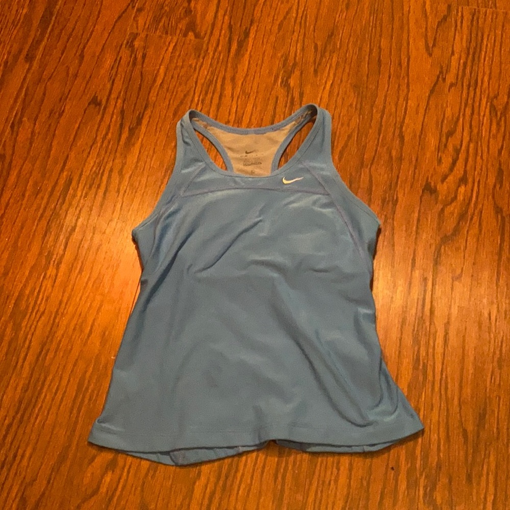 Blue, athletic tank top with built in sports bra.